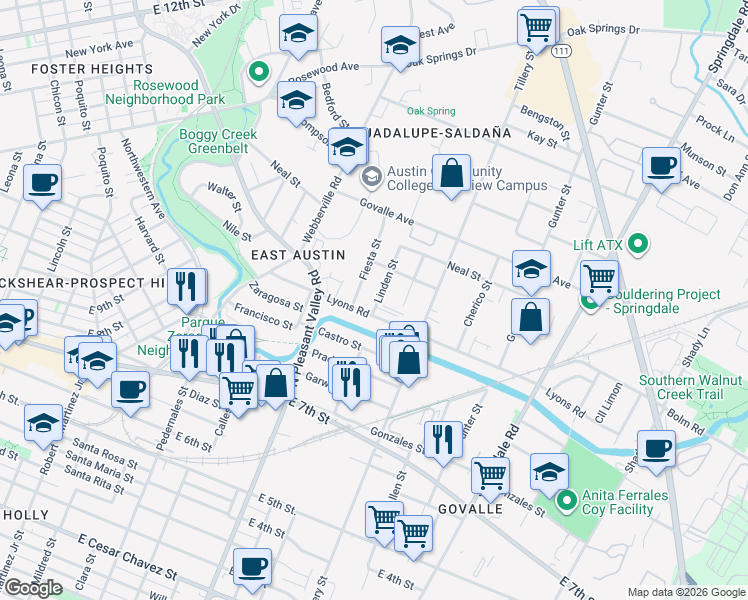 map of restaurants, bars, coffee shops, grocery stores, and more near 911 Linden Street in Austin