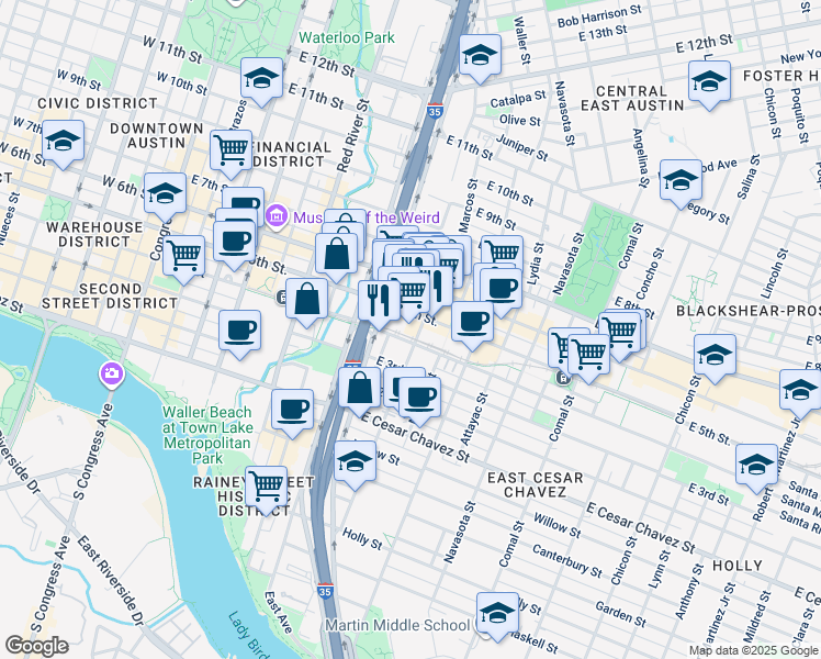 map of restaurants, bars, coffee shops, grocery stores, and more near 901 East 5th Street in Austin