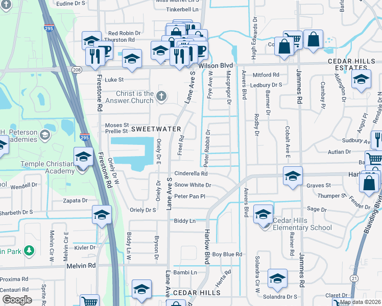 map of restaurants, bars, coffee shops, grocery stores, and more near 6820 Blanco Court in Jacksonville