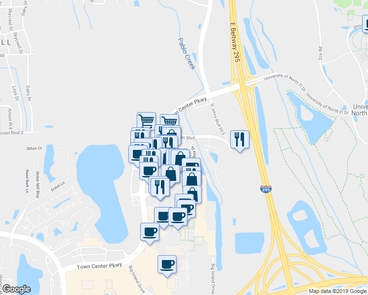 map of restaurants, bars, coffee shops, grocery stores, and more near 4420 Ellipse Drive in Jacksonville