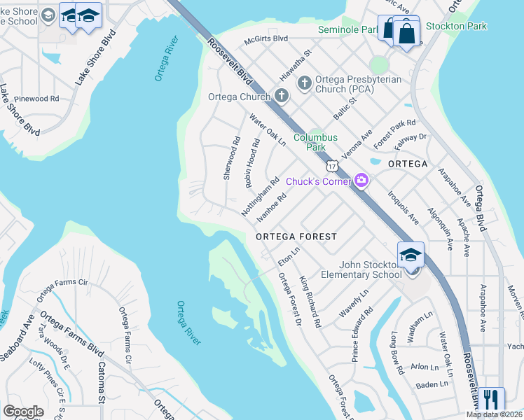 map of restaurants, bars, coffee shops, grocery stores, and more near 4714 Nottingham Road in Jacksonville