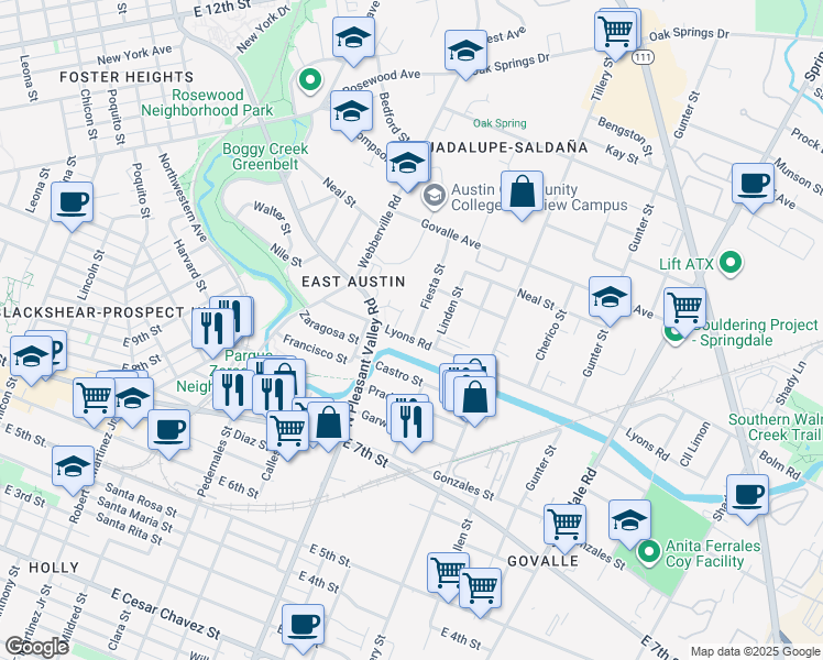map of restaurants, bars, coffee shops, grocery stores, and more near 2806 Lyons Road in Austin