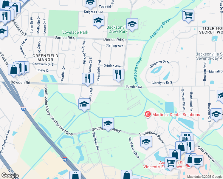 map of restaurants, bars, coffee shops, grocery stores, and more near 6500 Bowden Road in Jacksonville