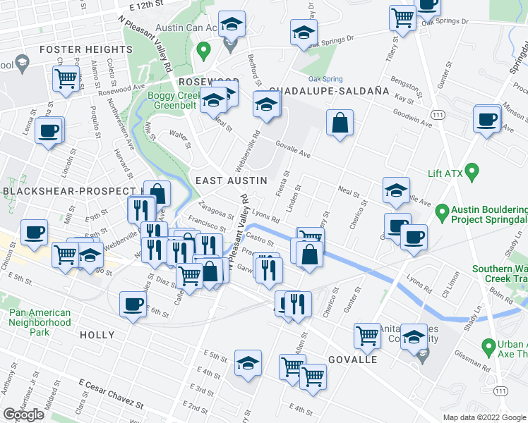 map of restaurants, bars, coffee shops, grocery stores, and more near 2806 Lyons Road in Austin