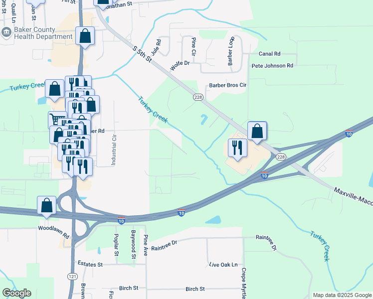 map of restaurants, bars, coffee shops, grocery stores, and more near 4451 Barber Road in Macclenny