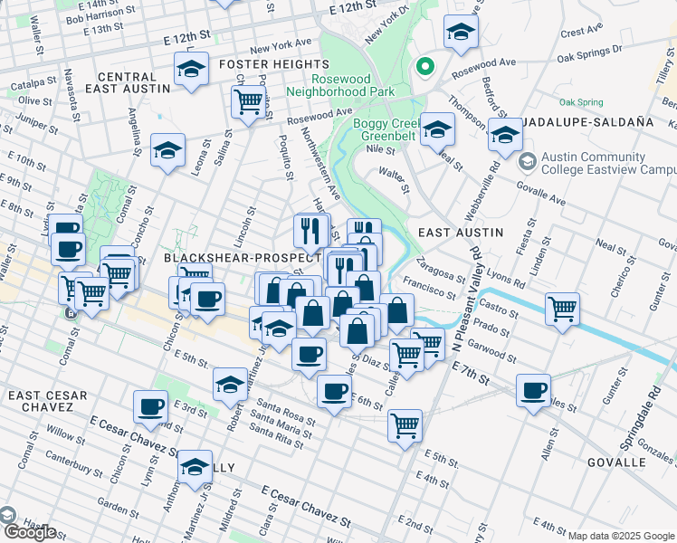 map of restaurants, bars, coffee shops, grocery stores, and more near 2416 East 8th Street in Austin