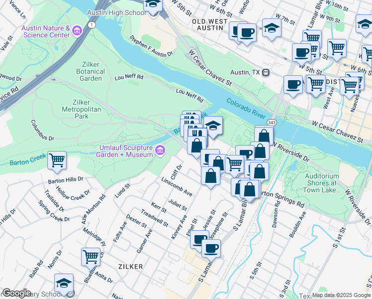 map of restaurants, bars, coffee shops, grocery stores, and more near 1872 Barton Springs Road in Austin