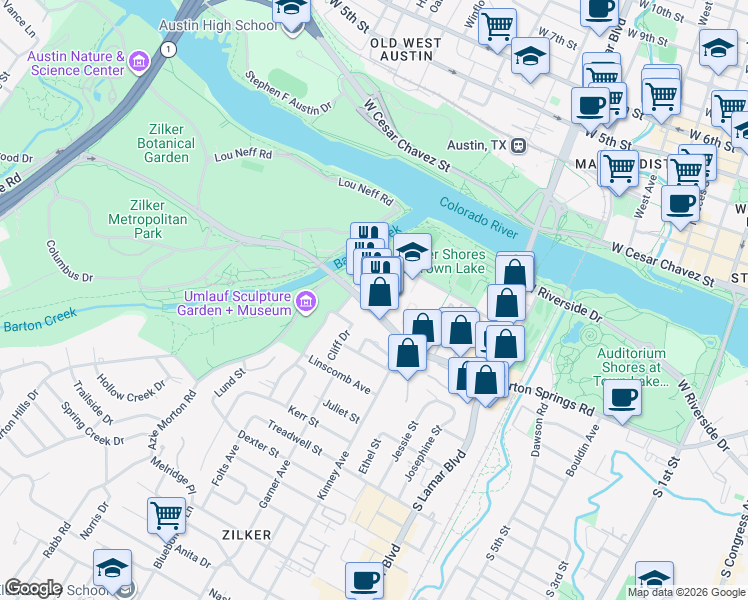 map of restaurants, bars, coffee shops, grocery stores, and more near 1631 Barton Springs Road in Austin