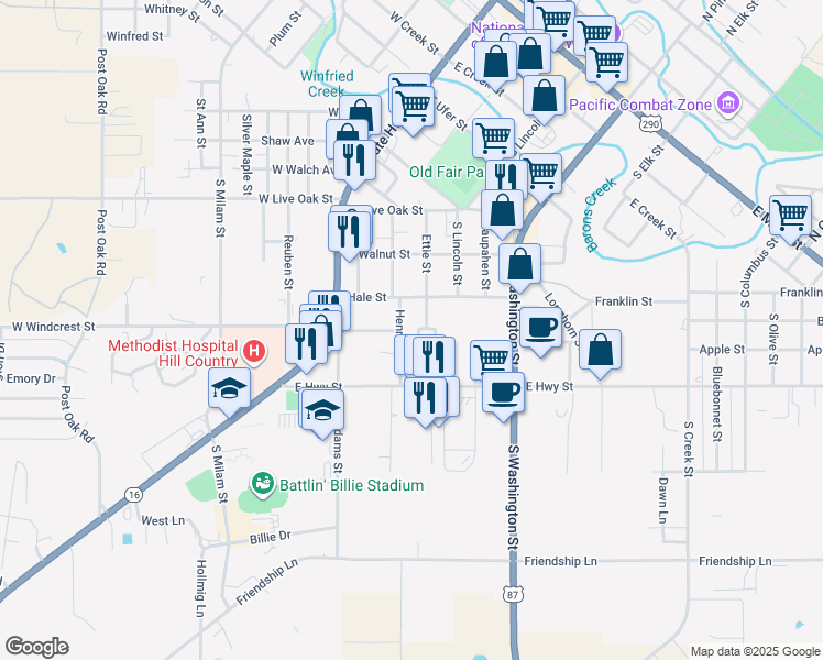 map of restaurants, bars, coffee shops, grocery stores, and more near 1000 West Hill Street in Fredericksburg