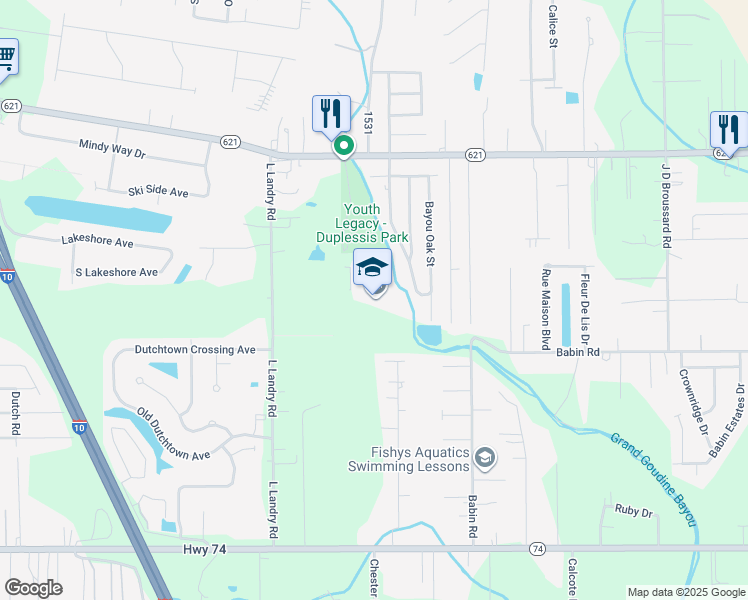 map of restaurants, bars, coffee shops, grocery stores, and more near 38101 Louisiana 621 in Gonzales