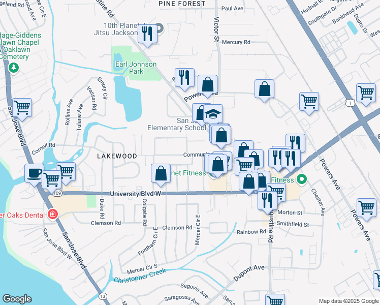 map of restaurants, bars, coffee shops, grocery stores, and more near 5471 John Road in Jacksonville
