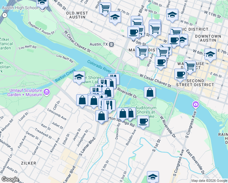 map of restaurants, bars, coffee shops, grocery stores, and more near 1211 West Riverside Drive in Austin