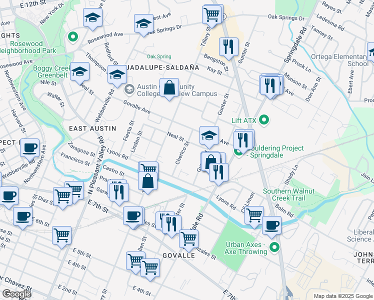 map of restaurants, bars, coffee shops, grocery stores, and more near 1103 Cherico Street in Austin