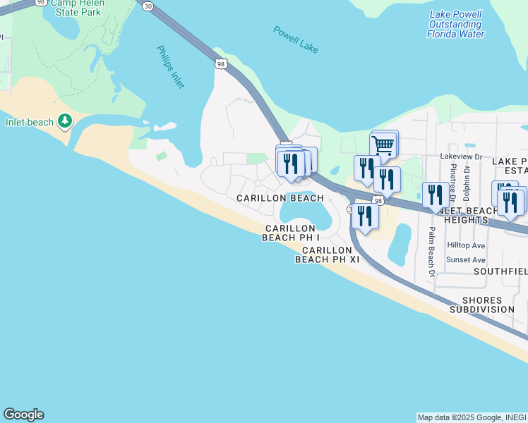 map of restaurants, bars, coffee shops, grocery stores, and more near 327 Beachside Drive in Panama City Beach