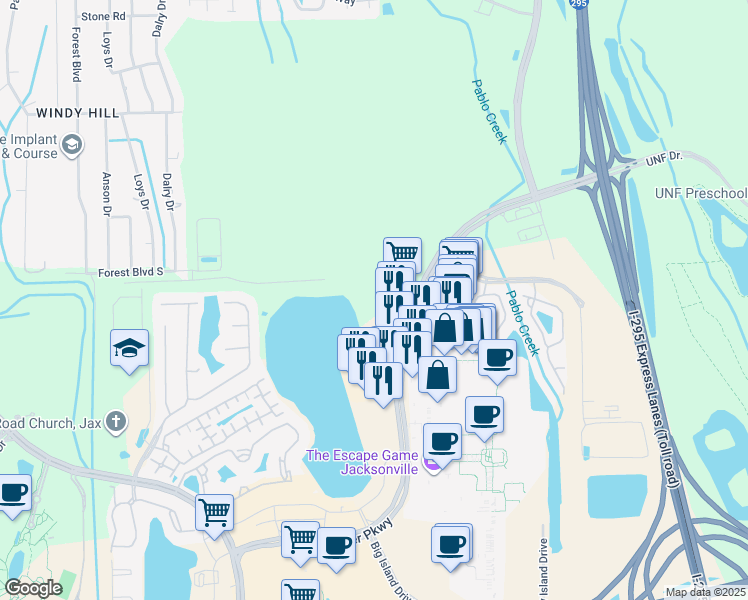map of restaurants, bars, coffee shops, grocery stores, and more near 4522 North Gate Parkway in Jacksonville
