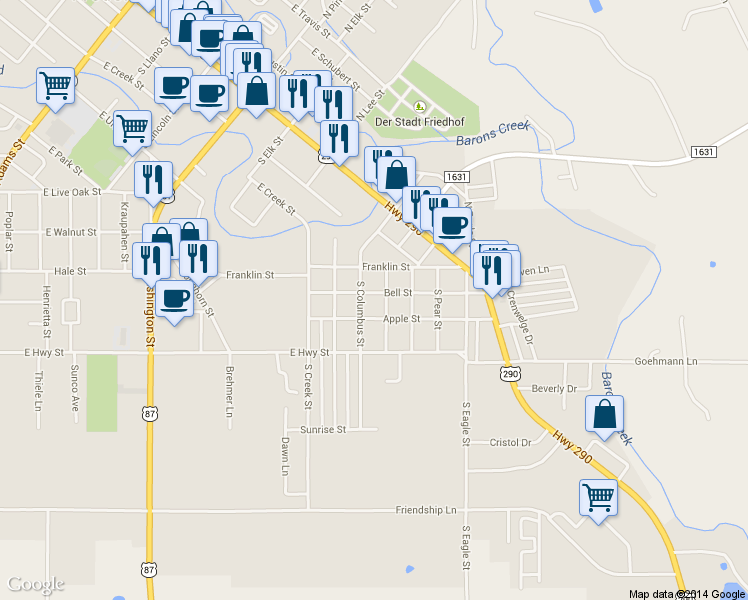 map of restaurants, bars, coffee shops, grocery stores, and more near 705 Bell Street in Fredericksburg