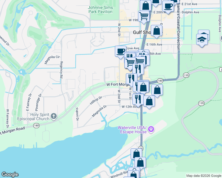 map of restaurants, bars, coffee shops, grocery stores, and more near 317 Alabama 180 in Gulf Shores