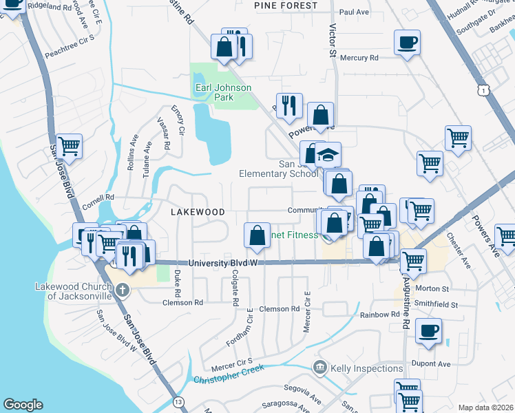 map of restaurants, bars, coffee shops, grocery stores, and more near 2411 Patsy Anne Drive in Jacksonville