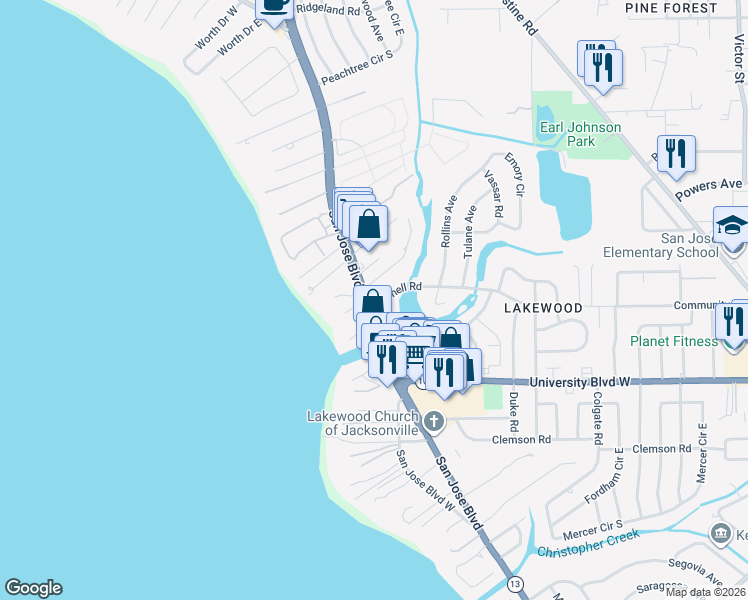 map of restaurants, bars, coffee shops, grocery stores, and more near 5233 San Jose Boulevard in Jacksonville