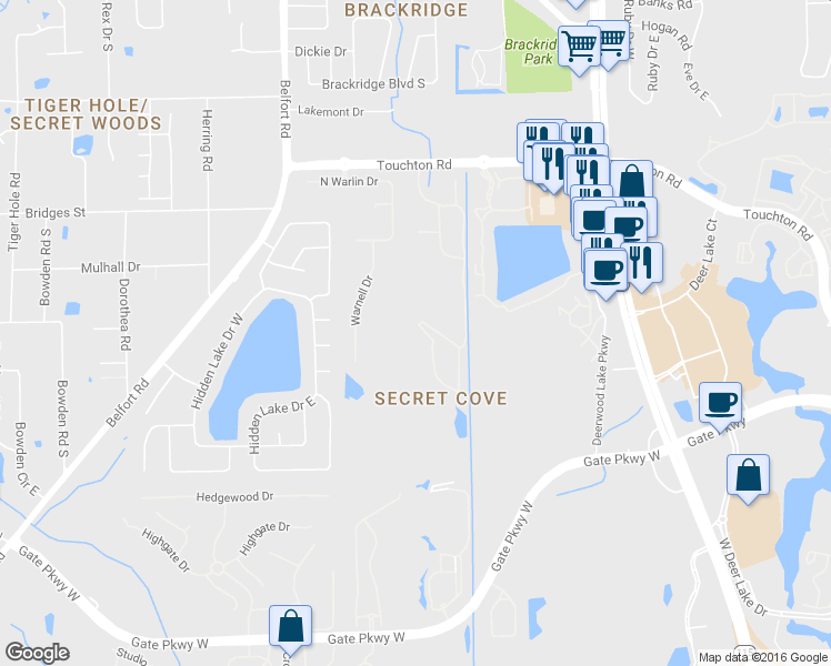 map of restaurants, bars, coffee shops, grocery stores, and more near 8443 Thornbush Court in Jacksonville