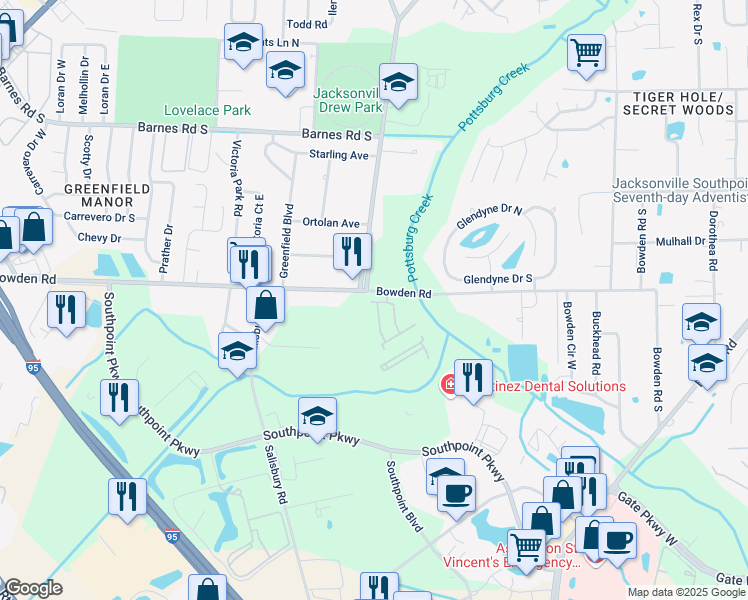 map of restaurants, bars, coffee shops, grocery stores, and more near 6661 Bowden Road in Jacksonville