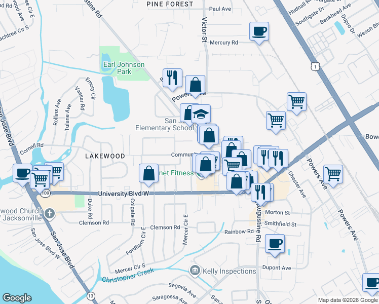 map of restaurants, bars, coffee shops, grocery stores, and more near 2679 Community Road in Jacksonville