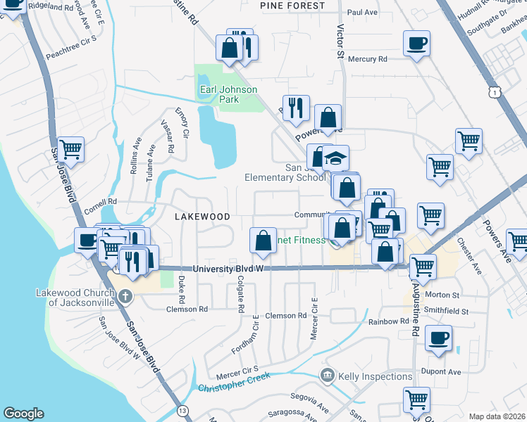 map of restaurants, bars, coffee shops, grocery stores, and more near 2411 Patsy Anne Drive in Jacksonville