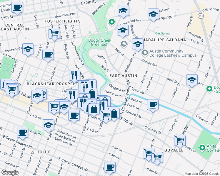 map of restaurants, bars, coffee shops, grocery stores, and more near 2705 Webberville Road in Austin
