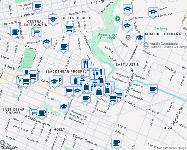 map of restaurants, bars, coffee shops, grocery stores, and more near 2416 East 8th Street in Austin