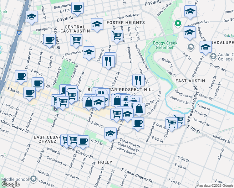 map of restaurants, bars, coffee shops, grocery stores, and more near 2012 East 9th Street in Austin