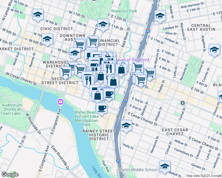map of restaurants, bars, coffee shops, grocery stores, and more near 500 East Cesar Chavez Street in Austin