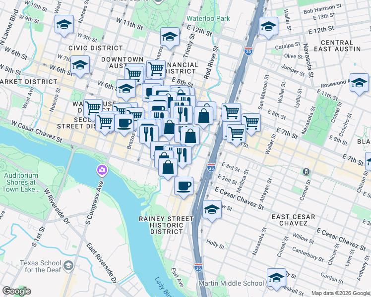map of restaurants, bars, coffee shops, grocery stores, and more near 500 East Cesar Chavez Street in Austin