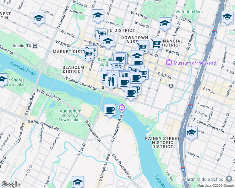 map of restaurants, bars, coffee shops, grocery stores, and more near 100 Colorado Street in Austin