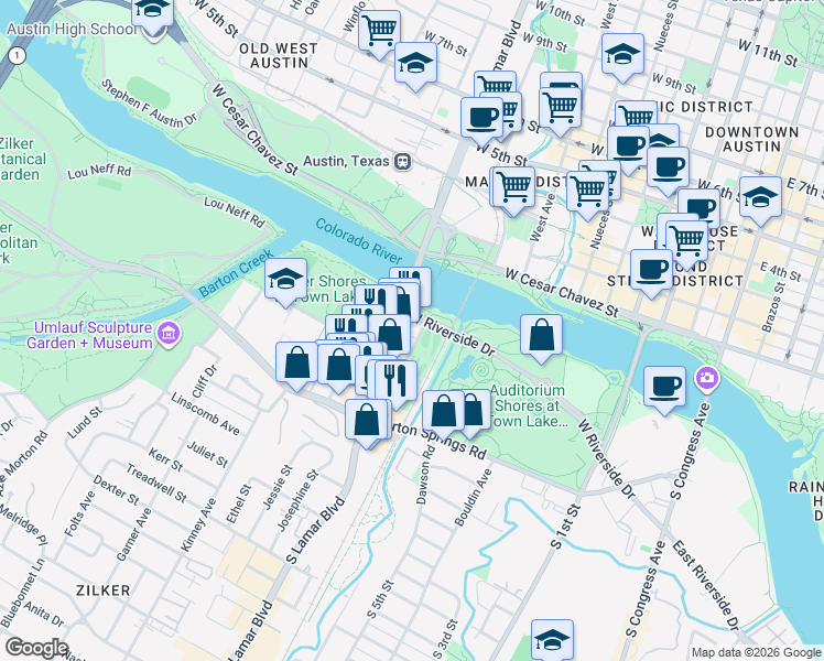 map of restaurants, bars, coffee shops, grocery stores, and more near 1211 West Riverside Drive in Austin