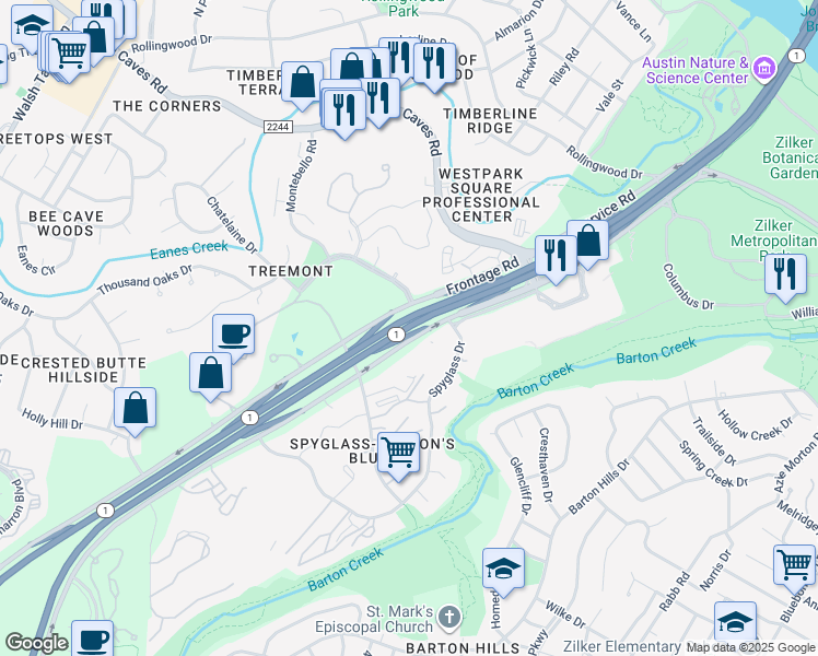 map of restaurants, bars, coffee shops, grocery stores, and more near 1300-1312 S Mopac Expy in Austin