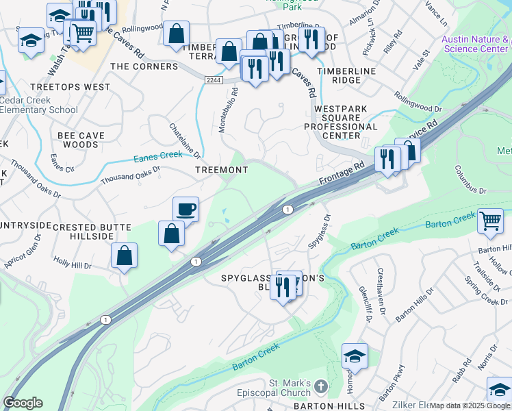 map of restaurants, bars, coffee shops, grocery stores, and more near 1801 South MoPac Expressway in Austin