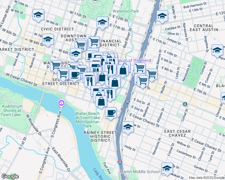map of restaurants, bars, coffee shops, grocery stores, and more near 600 East 3rd Street in Austin