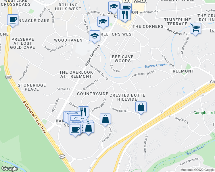 map of restaurants, bars, coffee shops, grocery stores, and more near 1802 Apricot Glen Drive in Austin