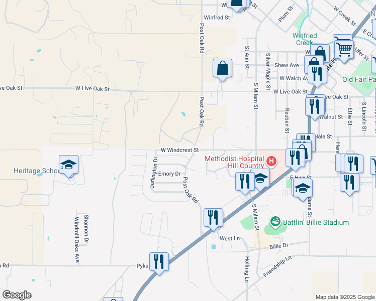 map of restaurants, bars, coffee shops, grocery stores, and more near 721 West Live Oak Street in Fredericksburg