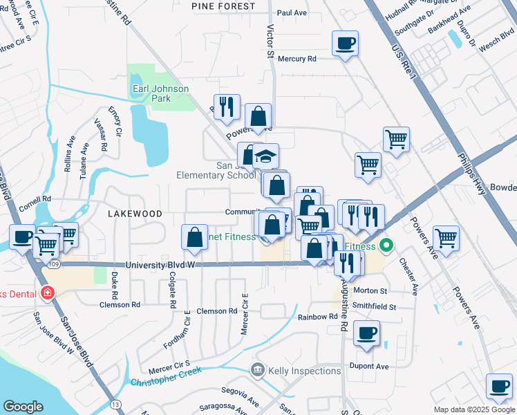 map of restaurants, bars, coffee shops, grocery stores, and more near 2679 Community Road in Jacksonville