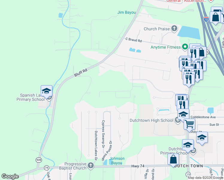 map of restaurants, bars, coffee shops, grocery stores, and more near 36192 Belle Parc Avenue in Geismar