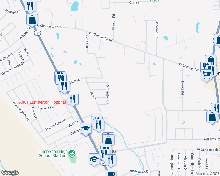 map of restaurants, bars, coffee shops, grocery stores, and more near 130 Remington Circle in Lumberton