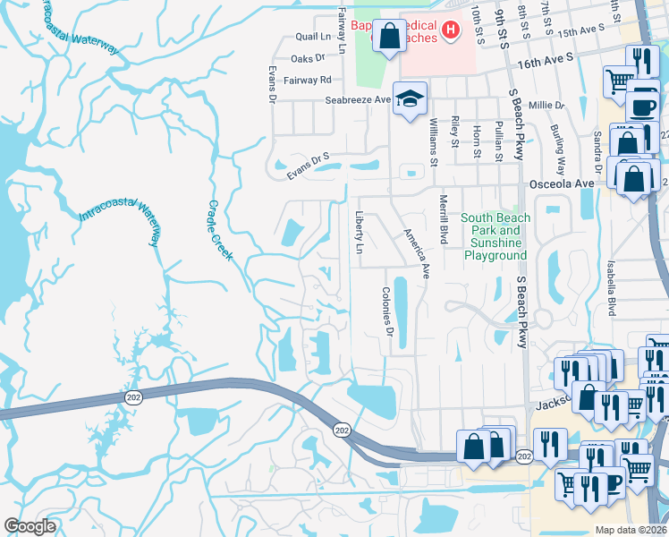 map of restaurants, bars, coffee shops, grocery stores, and more near 1593 Blue Heron Lane North in Jacksonville Beach
