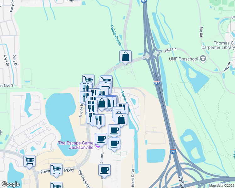 map of restaurants, bars, coffee shops, grocery stores, and more near 4420 Ellipse Drive in Jacksonville