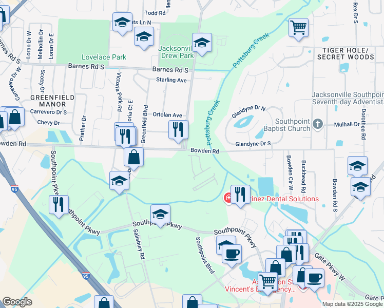 map of restaurants, bars, coffee shops, grocery stores, and more near 6700 Bowden Road in Jacksonville