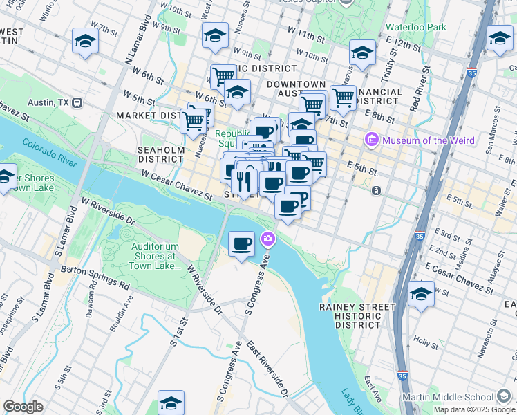 map of restaurants, bars, coffee shops, grocery stores, and more near 100 Colorado Street in Austin