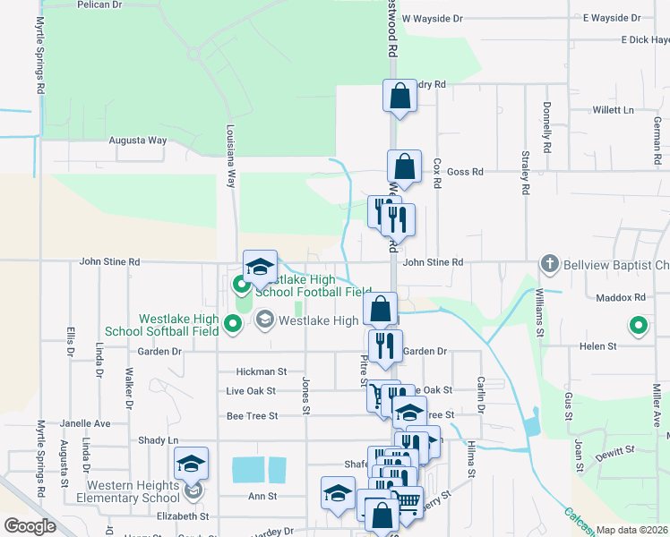 map of restaurants, bars, coffee shops, grocery stores, and more near 2399 Foster Ln in Westlake