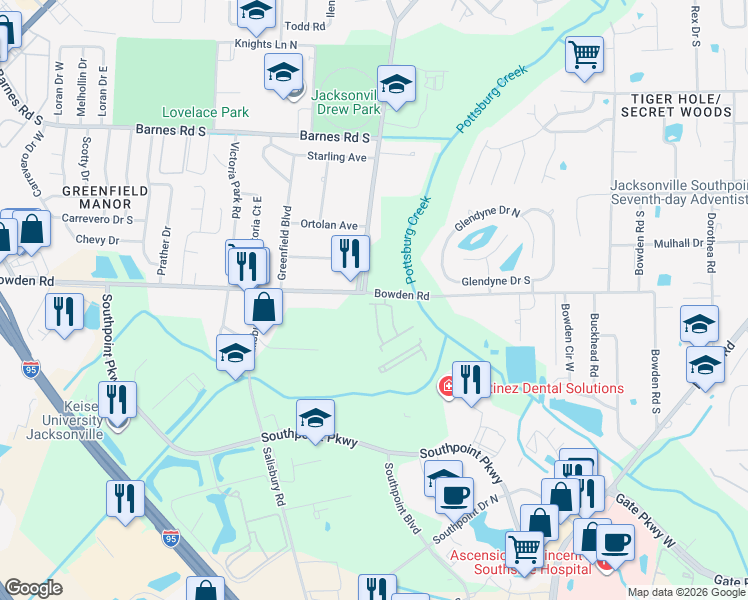 map of restaurants, bars, coffee shops, grocery stores, and more near 6661 Bowden Road in Jacksonville
