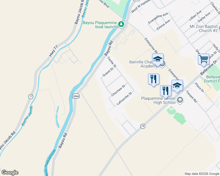 map of restaurants, bars, coffee shops, grocery stores, and more near 60235 Grosse Tete Street in Plaquemine