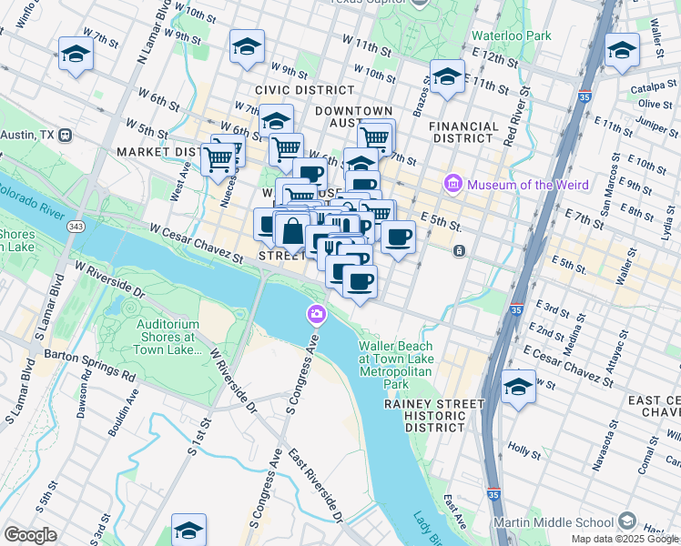 map of restaurants, bars, coffee shops, grocery stores, and more near 110 East Cesar Chavez Street in Austin